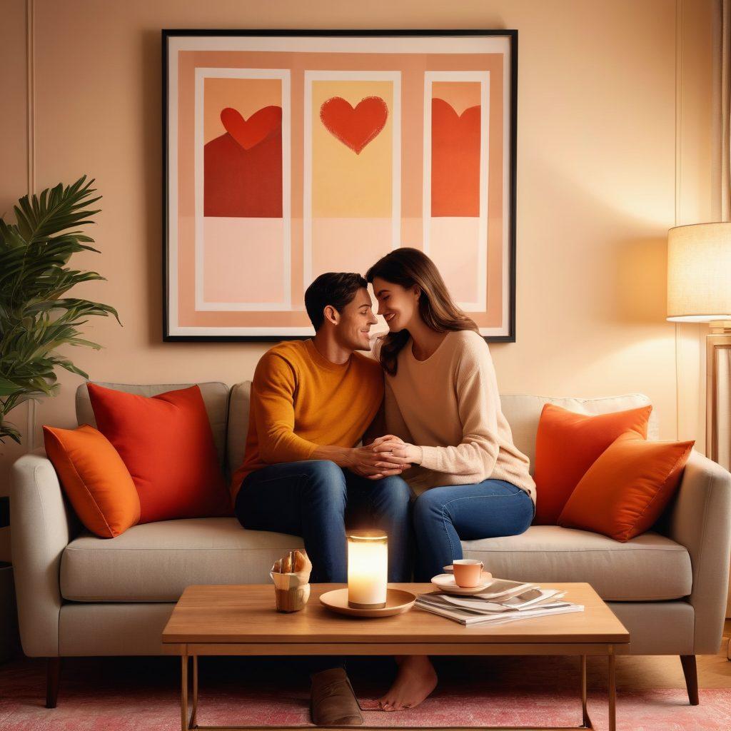 A romantic scene featuring a couple sitting on a cozy couch, engaged in deep conversation with soft lighting and warm colors around them. In the background, framed memories of their relationship symbolize commitment, while a serene atmosphere enhances intimacy. Soft cushions and a subtle heart motif create a loving ambiance. vector art. vibrant colors. warm tones.