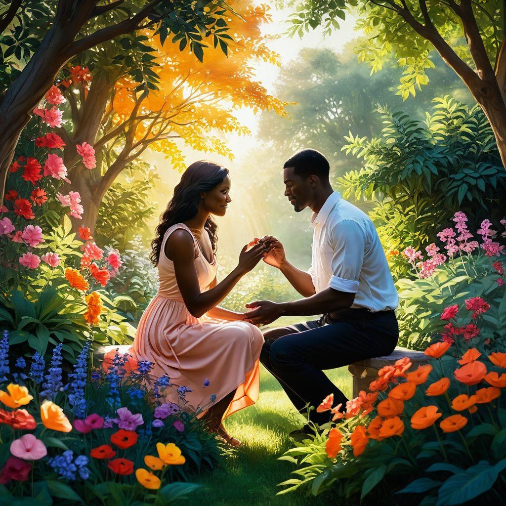 A warm, intimate scene of two diverse individuals sharing a heartfelt conversation in a lush garden, surrounded by vibrant flowers symbolizing growth and love. Soft sunlight filters through the leaves, creating a magical atmosphere that emphasizes the beauty of connection. Include subtle elements like intertwined hands and a heart shape formed by their silhouettes. painterly style. warm colors. harmonious composition.