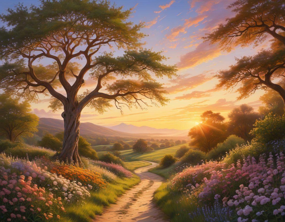 A serene landscape featuring two intertwined trees symbolizing unity and trust, surrounded by a sunlit path leading to a vibrant sunset. In the foreground, diverse hands of different skin tones are reaching towards each other, representing connection and joy in relationships. Delicate flowers bloom around, adding a touch of warmth and hope. The sky is painted in soft pastels, evoking a peaceful and inviting atmosphere. super-realistic. vibrant colors. idyllic scenery.